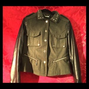 Military style coat with pleather sleeves